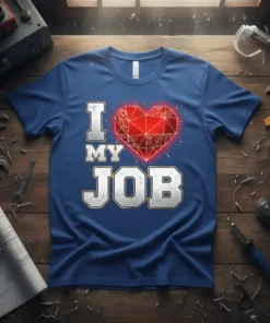 I LOVE MY JOB text with a red geometric heart graphic on a blue t-shirt, surrounded by tools
