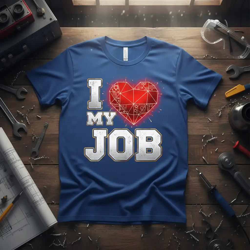 I LOVE MY JOB text with a red mechanical heart graphic on a blue t-shirt, representing dedication to work