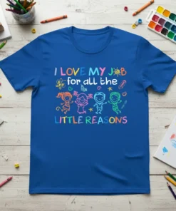 Teacher t-shirt with colorful text "I LOVE MY JOB for all the LITTLE REASONS" and doodle-style children graphic