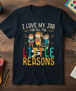 Teacher T-Shirt with "I Love My Job For All The Little Reasons" text and cartoon children graphic
