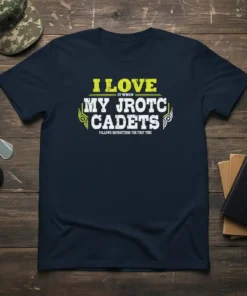 Navy t-shirt with yellow and white text "I Love It When My Jrotc Cadets Follows Instructions The First Time" design