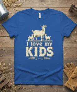 I love my KIDS t-shirt design with a mother goat and two baby goats, set against a rural background