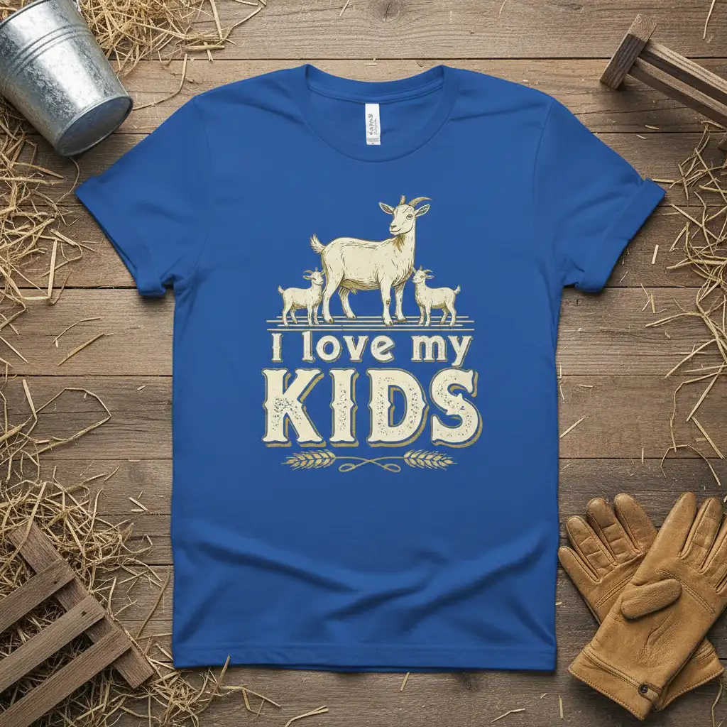 I love my KIDS graphic tee featuring a mother goat and two adorable baby goats, perfect for farm animal lovers