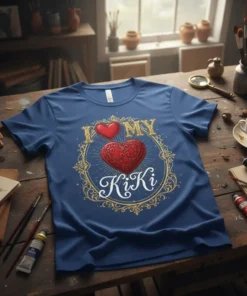 I Love My KiKi T-Shirt with red hearts and ornate gold border, featuring the name KiKi in script font