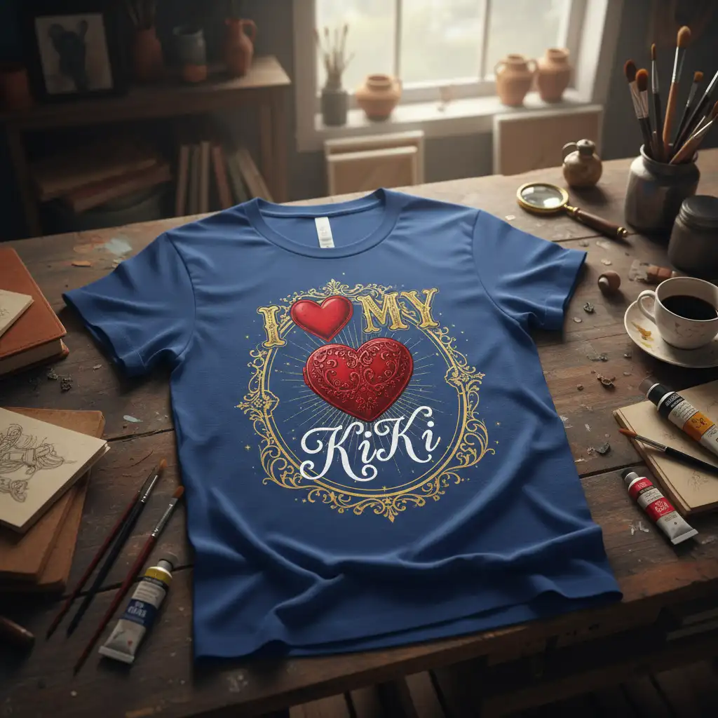 I Love My KiKi text with ornate hearts and gold frame on a blue t-shirt design