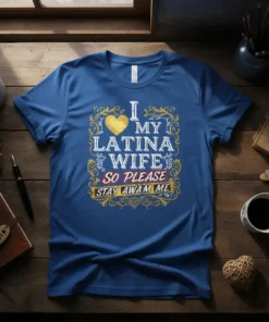I Love My Latina Wife So Please Stay Awam Me quote on a blue t-shirt with ornate gold and white