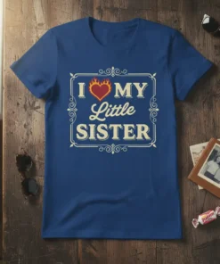 I Love My Little Sister text design with a flaming heart graphic on a blue t-shirt