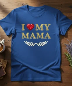 I Love My Mama T-Shirt with gold glitter text and a red heart graphic