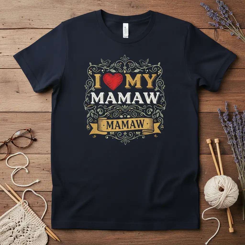 I Love My Mamaw quote t-shirt with a red heart and ornate border, perfect for grandmother appreciation