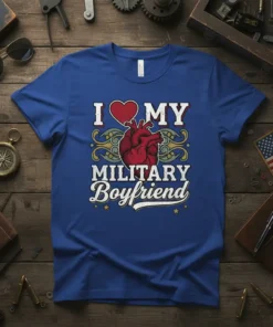 I Love My Military Boyfriend text with heart graphic and anatomical heart on a blue t-shirt