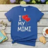 Blue t-shirt with "I Love My Mimi" text and red heart balloons graphic, perfect for grandmothers