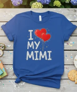 Blue t-shirt with "I Love My Mimi" text and red heart balloons graphic, perfect for grandmothers