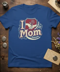 I Love My Mom t-shirt with vintage design, featuring a hand holding a rose and the words "I Love My