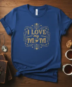 I LOVE my MOM quote t-shirt in gold, featuring decorative hearts and swirls, on a royal blue fabric