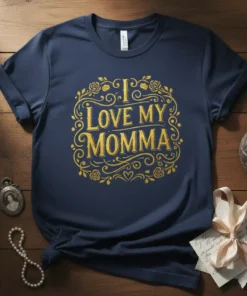 I Love My Momma text in ornate golden font surrounded by floral design on a navy blue t-shirt