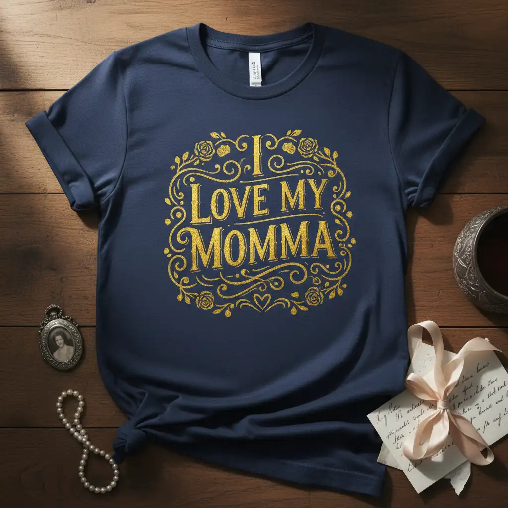 I Love My Momma quote in decorative gold lettering on a navy blue t-shirt for mothers