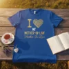 Blue t-shirt with gold text "I Love My Mother-In-Law" and a Celtic knot heart graphic
