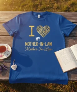 Blue t-shirt with gold text "I Love My Mother-In-Law" and a Celtic knot heart graphic