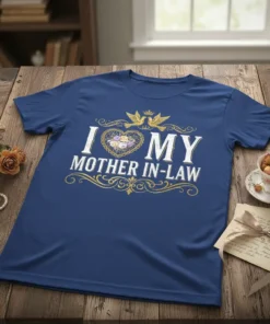 T-shirt with "I Love My Mother In-Law" text in white and gold, featuring a heart with flowers and two doves