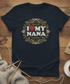I Love My Nana t-shirt with red heart, ornate gold scrollwork, and pink roses graphic