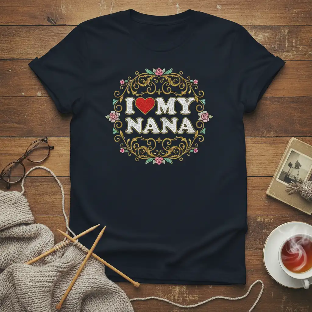 I Love My Nana text with red heart and floral wreath on a navy t-shirt