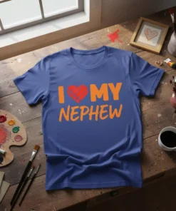 Blue t-shirt with orange text "I Love My Nephew" and a red heart graphic