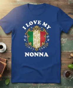 I Love My Nonna t-shirt with Italian flag crest and decorative border in white text