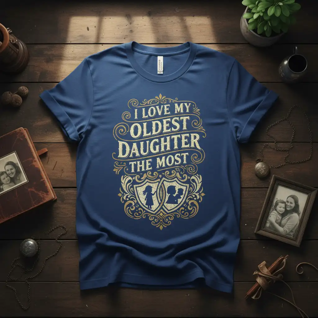 I Love My Oldest Daughter The Most quote with shield emblem on blue t-shirt