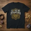 I LOVE MY PITTIEPOTAMUS text with a heart and bone graphic on a black t-shirt, designed for pitbull owners