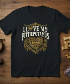 I LOVE MY PITTIEPOTAMUS text with a heart and bone graphic on a black t-shirt, designed for pitbull owners