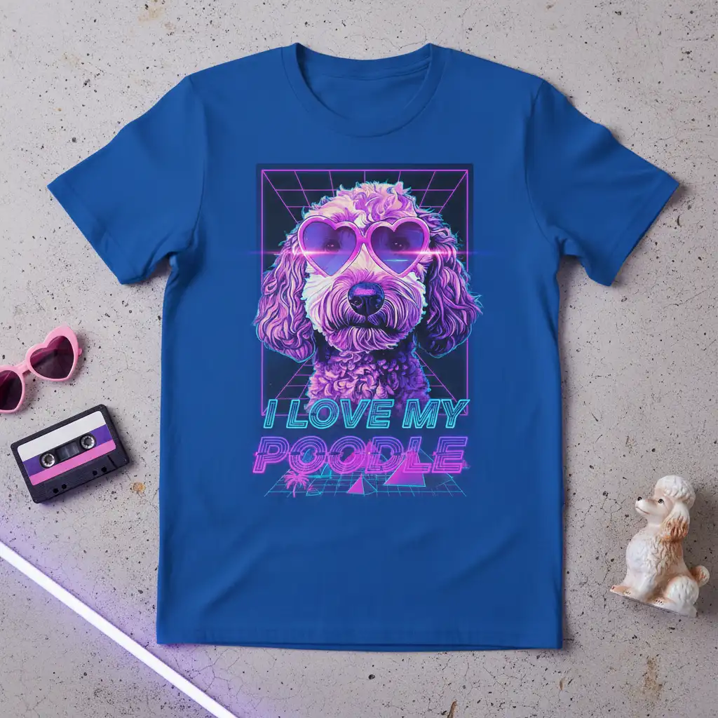 I LOVE MY POODLE text with poodle wearing heart sunglasses on retro neon grid graphic tee