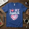 I Love My Pookie text with a pink and blue watercolor heart graphic on a royal blue t-shirt