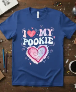 I Love My Pookie text with a pink and blue watercolor heart graphic on a royal blue t-shirt