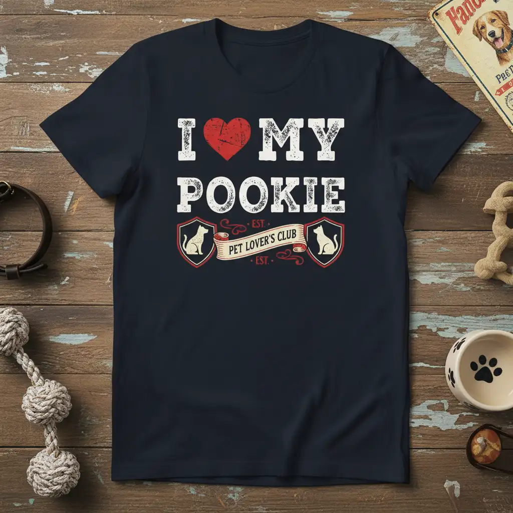 I Love My Pookie Pet Lover's Club text design with heart and cat shield graphics