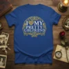 I Love My Pretty Girlfriend text and heart design on a royal blue t-shirt, romantic gift concept