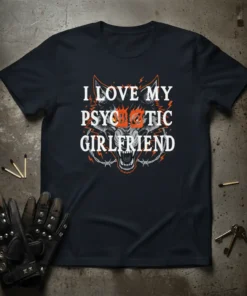 I Love My Psychotic Girlfriend text with a fierce wolf graphic and barbed wire on a navy t-shirt