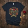 I Love My Romeo Esteemed Gentleman t-shirt with a red heart and floral wreath design