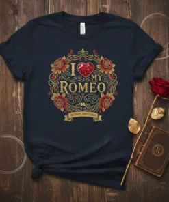I Love My Romeo Esteemed Gentleman t-shirt with a red heart and floral wreath design