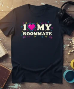 Retro pixelated "I Love My Roommate" text with a pink heart and gaming controllers graphic on a black t-shirt