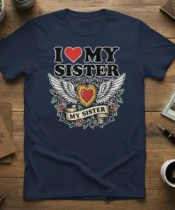 I Love My Sister T-Shirt with a red heart, white wings, gold locket, and pink roses design
