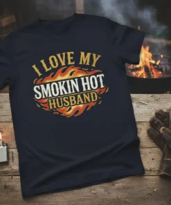 I Love My Smokin Hot Husband t-shirt with flames graphic, bold distressed typography, and gold and red accents