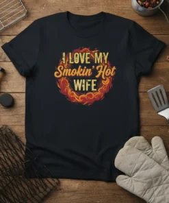 I Love My Smokin' Hot Wife text design with flames, presented on a black t-shirt for husband gift idea