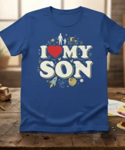 I Love My Son text with a red heart graphic and playful icons like a rocket and baseball glove