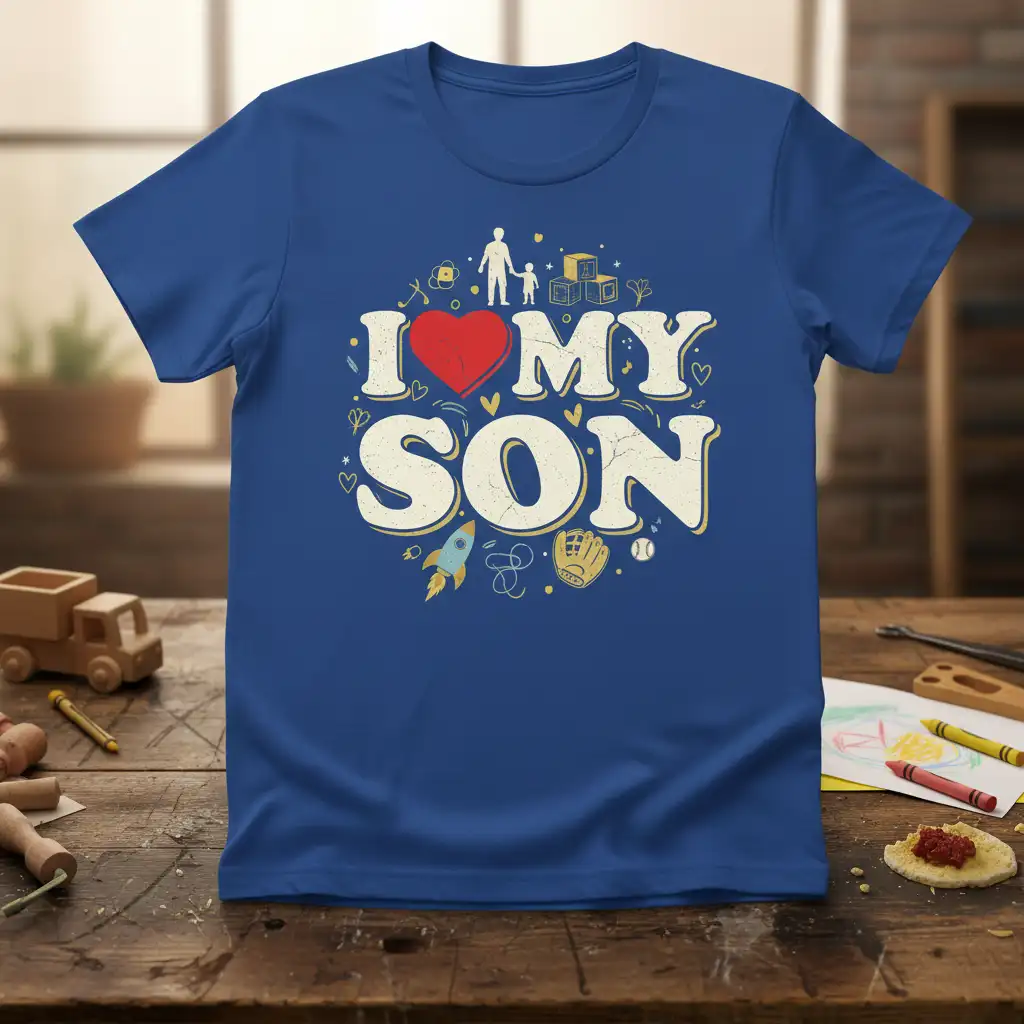 I Love My Son text design with a heart graphic, parent and child silhouette, and fun icons