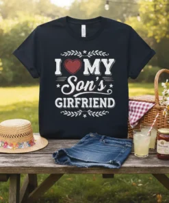 I Love My Son's Girlfriend t-shirt with heart graphic and decorative elements, black tee