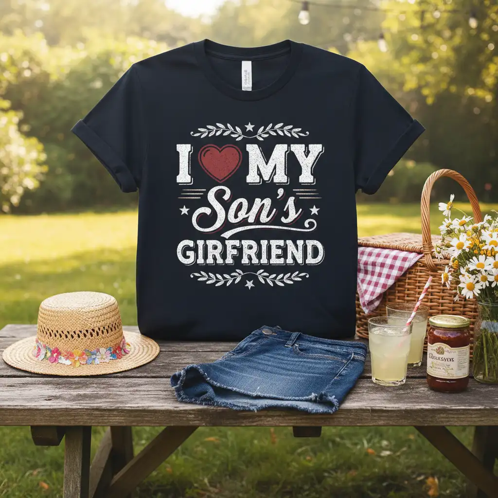 I Love My Son's Girlfriend quote with heart graphic on a dark t-shirt, showing family affection