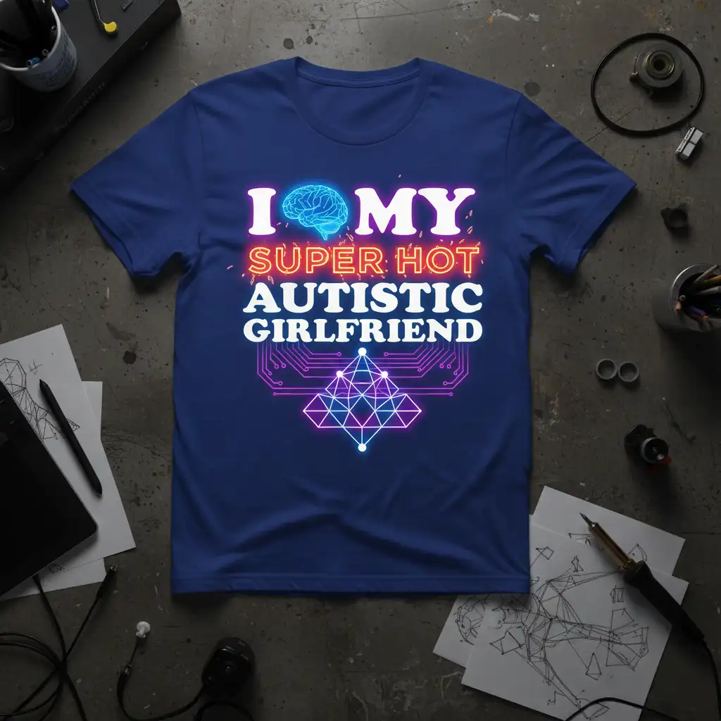 I Love My Super Hot Autistic Girlfriend quote tee with brain and geometric design