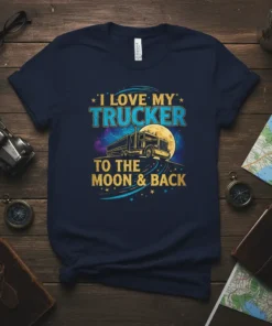 I Love My Trucker To The Moon & Back text with a semi-truck driving towards the moon graphic on a