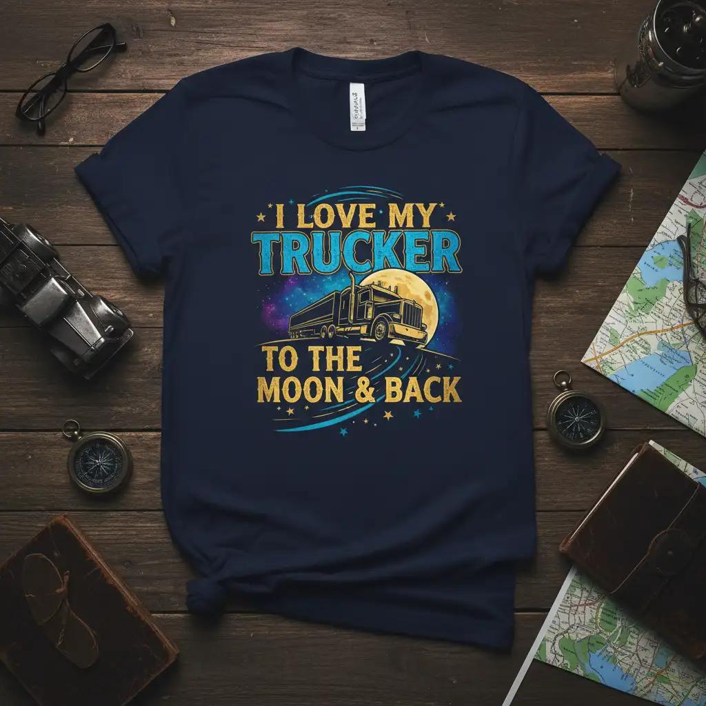 I Love My Trucker To The Moon & Back quote with semi-truck and moon graphic on dark t-shirt