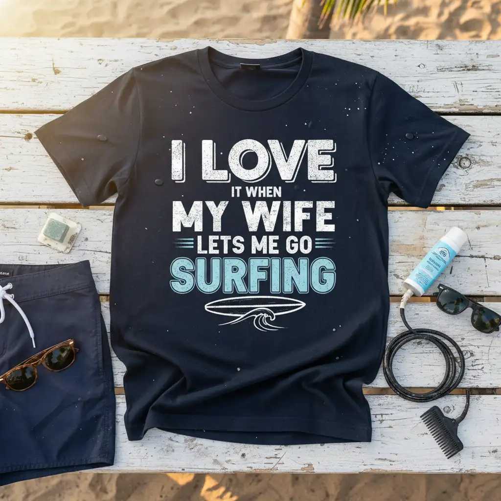 I Love It When My Wife Lets Me Go Surfing humorous quote t-shirt design with surfboard and wave graphic